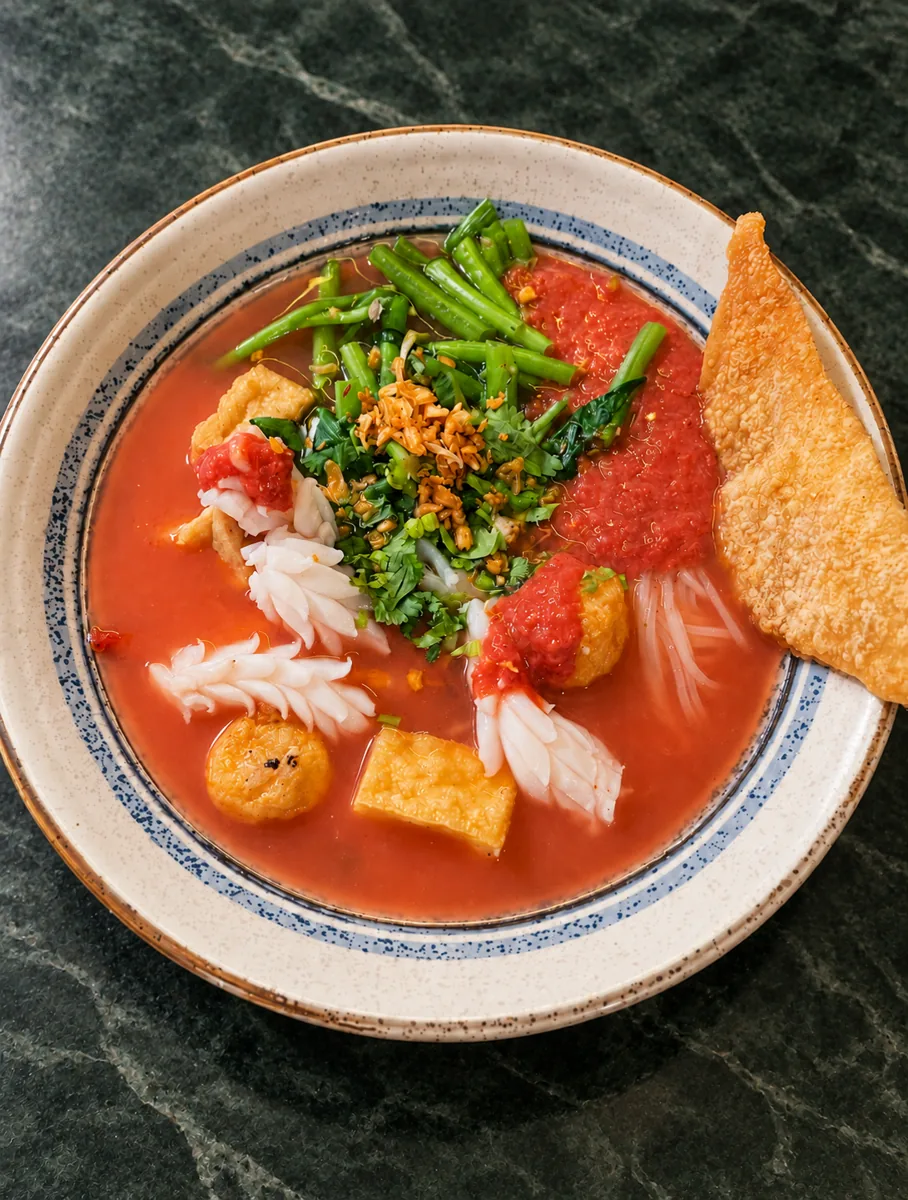Yentafo tom yum, soupe de nouilles au bouillon rose avec fruits de mer, boulettes de poisson et légumes, chez Thai Yim 2 à Paris 13